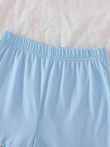 2件套女婴碎花无袖上衣和纯蓝色短裤套装，春夏款 - 淺藍色 - 查看 9