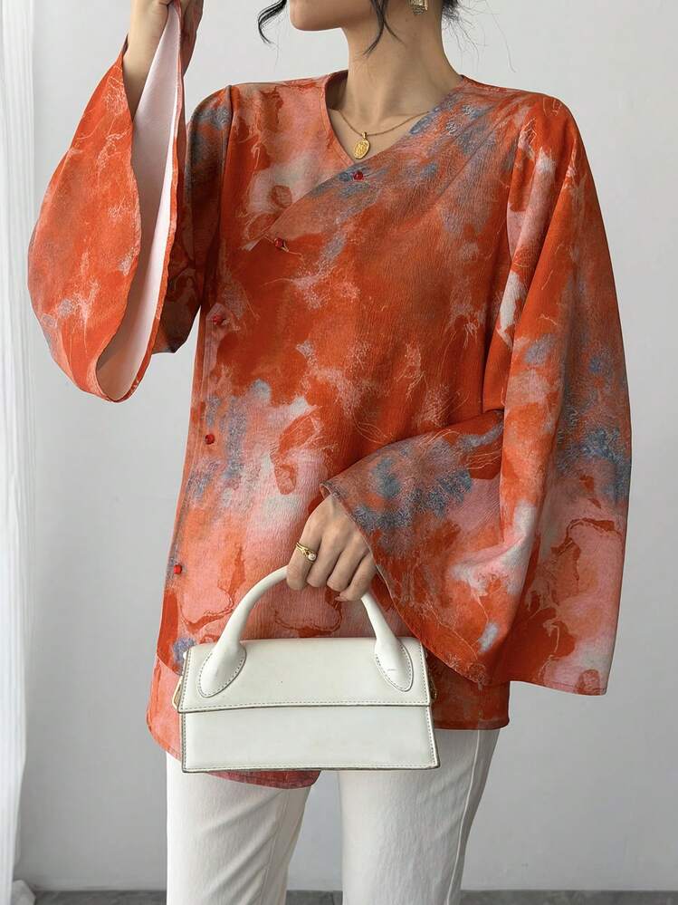 1pc Women's Blouse With Tie-Dye Print, Asymmetrical Collar, Single-Breasted, Asymmetrical Hem, Flared Sleeves, Elegant Chinese Style Top - Comfortable & Breathable Festival Attire, Suitable For Beach, Work, Daily Wear, Party, Wedding, And An Ideal Gift For Girlfriend, Wife, Mother, Mother's Day - Burnt Orange - View 5