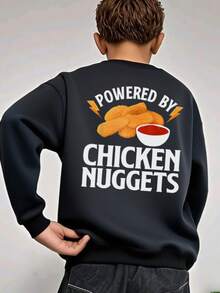 1 件男童休闲鸡块印花宽松圆领运动衫，秋冬学生青年服装长袖上衣 - 黑色 - 查看 7