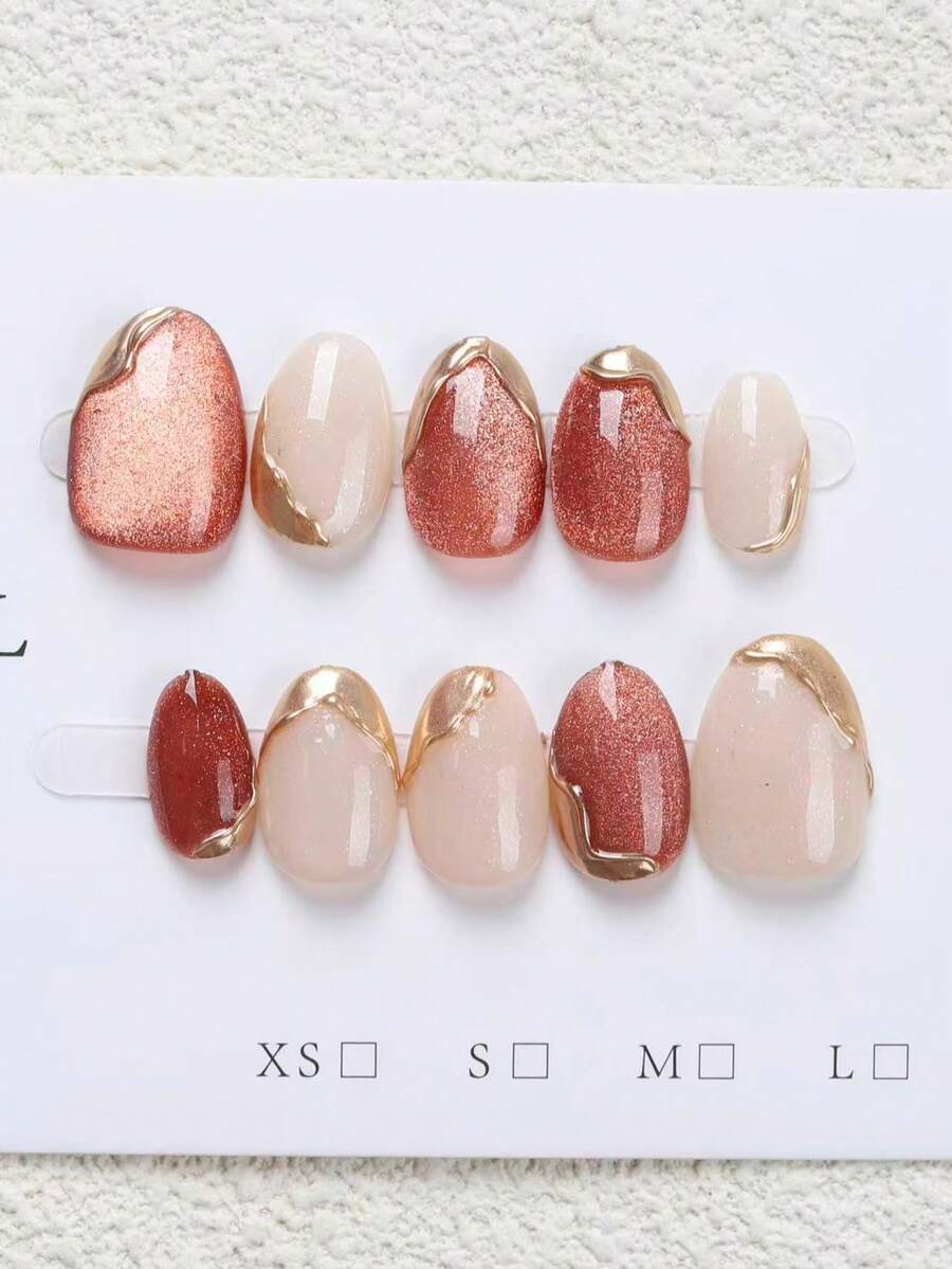 10 miếng dán móng tay hình oval màu cam và vàng sâm panh họa tiết mắt mèo, viền vàng, thích hợp dùng hàng ngày và trong các dịp lễ, có thể tái sử dụng, tuyệt vời cho phụ nữ và các cô gái, miếng dán móng tay nghệ thuật đáng yêu.