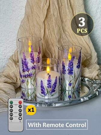 3pcs Flameless Candle Lights With Remote/Timer Control, Battery Powered Candles, Lavender Print Cup Candles, For Tabletop Center Decor, Suitable For Christmas, Halloween, Valentine's Day, Birthday, Proposal, Wedding, Dining Table, Party, Holiday Atmosphere Decoration