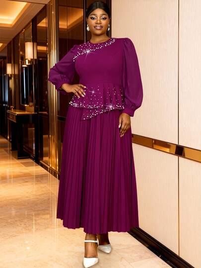 女士保守端庄加大码紫色褶皱连衣裙珍珠装饰荷叶边礼服