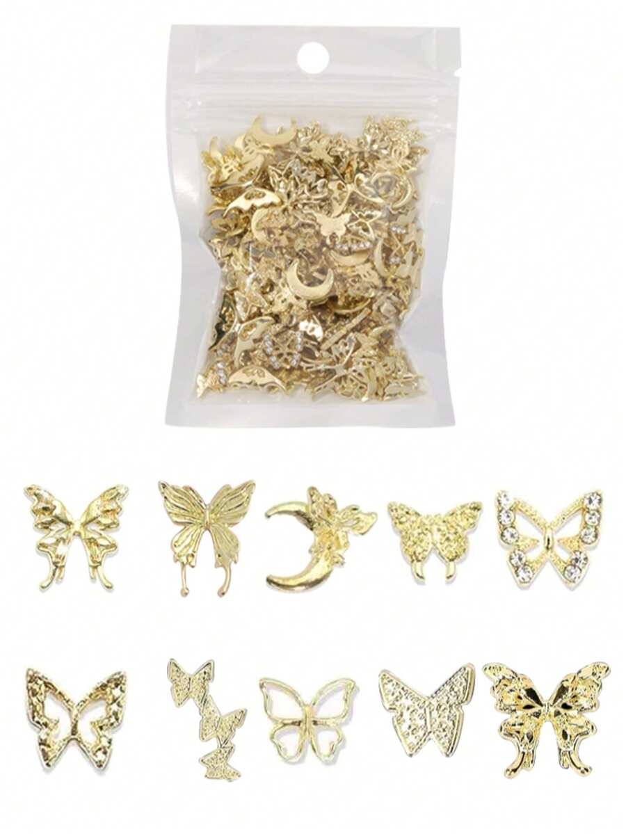 40件/套随机金色美甲饰品组合，闪亮蝴蝶美甲贴纸和水钻3D Y2K美甲饰品配件美甲用品 - 金色 - 查看 1