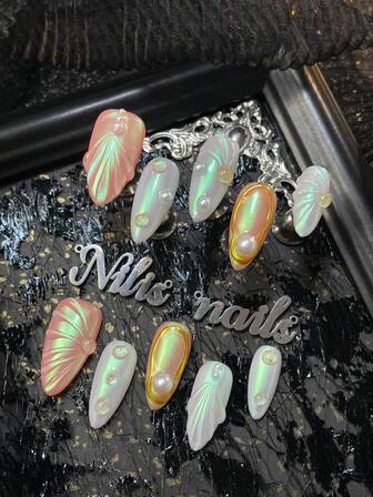 10pcs Almonds Nail Acrylic Kit,Bohemian Princess Style Decoration Set,Pink Cat's Eye&White Cat's Eye Nail,3D Stereo Steel Pearls Nail Accessories Decoration,Y2K Style Nail Art Set,Hand Drawn 3D Stereo Water Droplets And Geometric Patterns,Suitable For Women And Girls,Festivals,Daily,Work,Gatherings And OtherPlaces Use,Comes With 1 Mini Nail File And 1Double-Sided Adhesive Label,It's Also An Excellent Gift For Girls