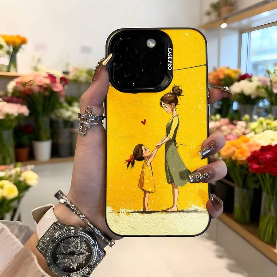 Cubierta de teléfono con borde negro y diseño ilustrado amarillo con madre e hija sosteniéndose de la mano y corazón rojo ideal para regalo o uso diario,Aplicable a los teléfonos de la serie Apple y Galaxy - Negro - Ver 1