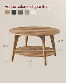 VASAGLE Mesa de Centro, Mesa de Centro Redonda de 2 Niveles con Almacenaje, para Salón, 80 x 45 cm, Fácil de Montar, Color Marrón Miel - marrón amarillento - Ver 6