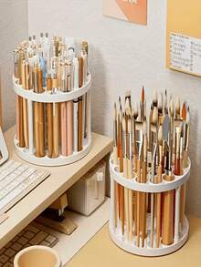 1pc 360° Rotating Brush Holder, Glazed Plastic Insertion Stand, Suitable For Art Brushes, Pens, Makeup Tools, White Desktop Organizer To Save Space - Multicolor - View 1