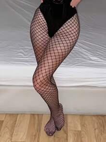1 par de medias de rejilla de unicolor básico para mujer, de alta elasticidad - Negro - Ver 4