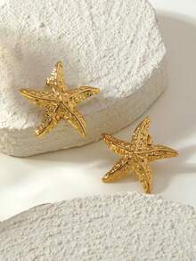 VceTd 4 Pairs Stainless Steel Ocean Element Starfish Shaped Stud Earrings, Starfish & Shell Earrings, Suitable For Women's Daily Wear Or Vacation, Great Gift For Best Friends On Holidays - Yellow Gold - View 6