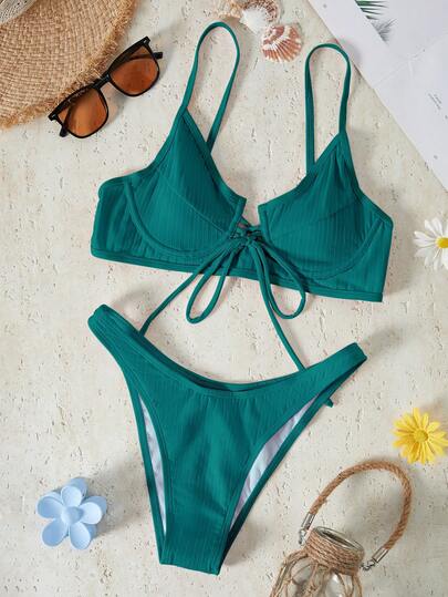 Bikinx Solid Color Women's Bikini, Daily Adjustable Strap Hard Cup Bow Tie Front Ribbed Two-Piece Swimwear Summer