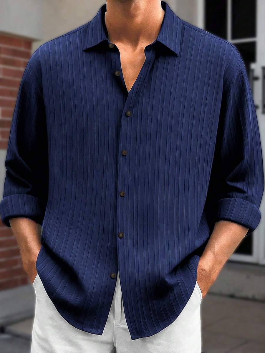 Men's Casual Basic Ribbed Ribbed Textured Fabric Button-Up Long Sleeve Collared Shirt - Navy Blue - View 1