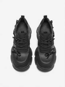 女士高跟休闲运动鞋，时尚休闲鞋，百搭厚底运动鞋，春季 - 黑色 - 查看 3