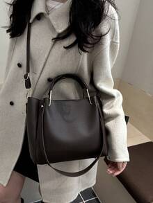 1pc Women's Fashionable Commuter Solid Color Shoulder Bag, Portable Versatile Large Capacity Shoulder Bag, Suitable For Dates, Shopping, Outings, Work - Coffee - View 3