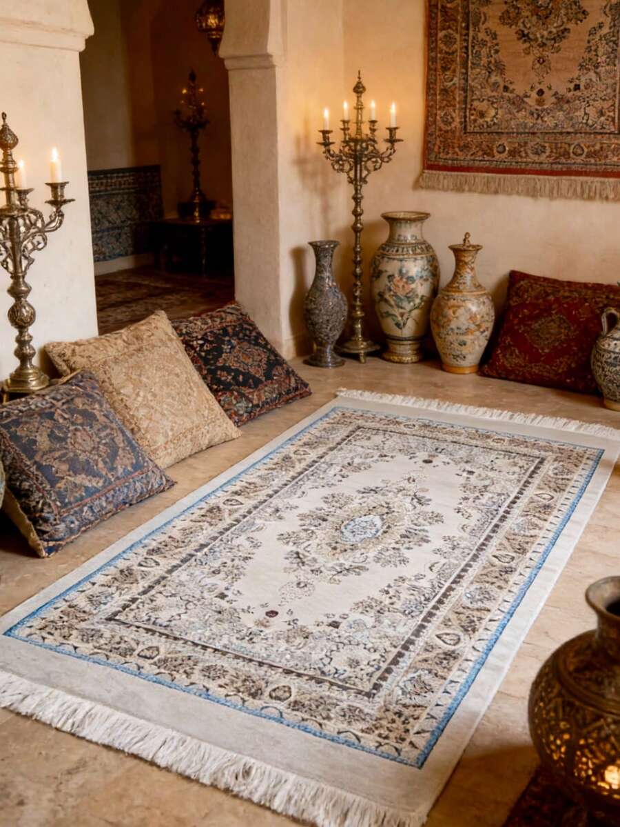 1 Stück schöner traditionell bedruckter Teppich, blau umrandeter bedruckter Teppich, bequem & weich, geeignet für tägliche Wohndekoration, Feiertags-Dekoration, Wohnzimmer-Teppich, Dekorationsteppich, Schlafzimmer-Dekoration, kleiner Teppich, Teppich, Wohndekoration, Wohnzimmer-Teppich, Wohnzimmer kleiner Teppich, Schlafzimmer-Teppich, Wohnzimmer Wohndekoration, Outdoor-Teppich, waschbarer Teppich