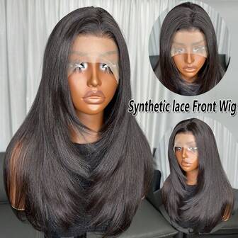 Parrucca sintetica nera da donna con frangia a tendina ondulata media lunga da 18 pollici, con parte centrale, senza colla, in fibra Kanekalon resistente, con densità del 150% e attaccatura dei capelli naturale, senza colla, adatta per uso quotidiano, feste, vacanze e trucco