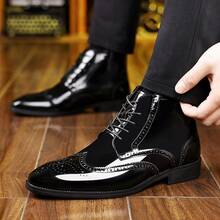 Men's Black Patent Leather Wingtip Dress Boots – Perforated Lace-Up High-Top Formal Shoes | Sleek Shiny Event & Office Footwear | Classic Dressy Ankle Boots - 黑色 - 查看 4