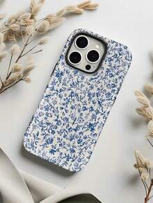 Blue Flowers On White Background Two-In-One Matte Texture Phone Case Suitable For Compatible With Iphone16, 15, 14, 13, 12, 11, PRO MAX,PLUS