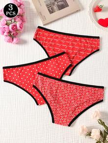 Paquete de 3 bragas de mujer de cintura baja con estampado de corazón, lunares y letras, transpirables y elásticas, adecuadas para el Día de San Valentín - Multicolor - Ver 2