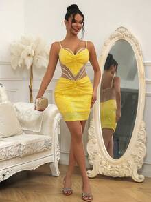 NIKBK Đầm ngắn dự tiệc, dạ hội, đêm tiệc ngắn ôm sát cơ thể màu vàng ánh kim đính đá, cổ hình trái tim, dây mảnh, eo lệch, chất liệu xuyên thấu, ôm sát tôn dáng, thích hợp cho ngày Valentine và đám cưới mùa xuân. - màu vàng - Xem 6