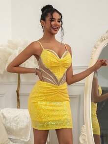 NIKBK Đầm ngắn dự tiệc, dạ hội, đêm tiệc ngắn ôm sát cơ thể màu vàng ánh kim đính đá, cổ hình trái tim, dây mảnh, eo lệch, chất liệu xuyên thấu, ôm sát tôn dáng, thích hợp cho ngày Valentine và đám cưới mùa xuân. - màu vàng - Xem 5