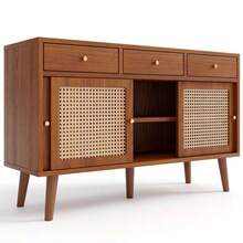 Sideboard, Chest Of Drawers With 3 Drawers And 3 Sliding Doors, Rattan Weave On The Door Fronts, Solid Wood Legs, Gold Metal Bar Handle, Adjustable Shelves, Walnut Color, 120 X 40 X 78 Cm - 自然色 - 查看 10