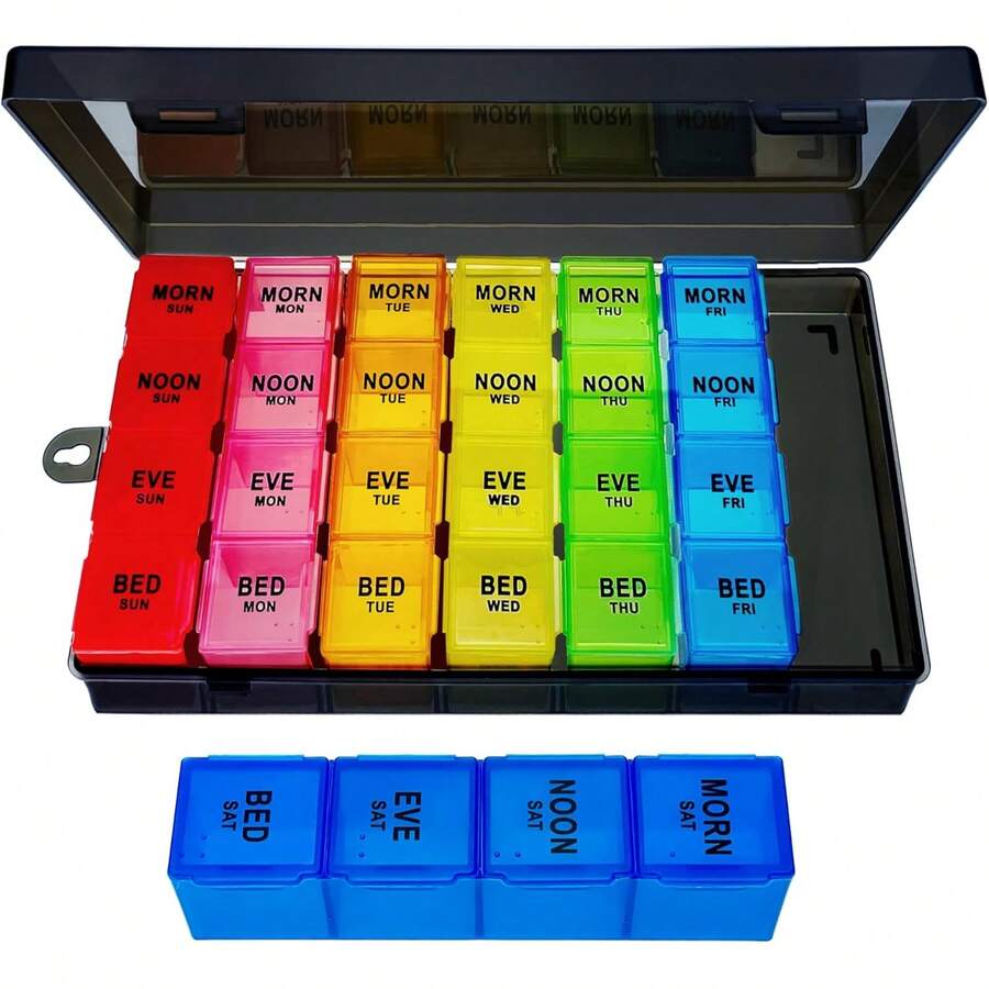 Weekly Pill Organizer 4 Times A Day, Large Medicine Organizer, Pill Box 7 Day 28 Compartment, Portable Travel Pill Container Case For Vitamin And Supplement (Color) - màu đen - Xem 1