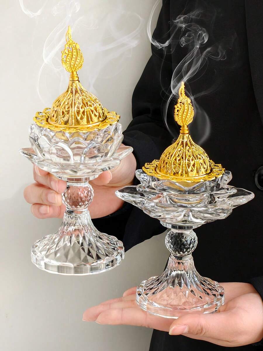 1 chiếc lư hương thủy tinh pha lê hình hoa sen vàng, bộ khuếch tán tinh dầu thủy tinh Ả Rập, giá đỡ hương trang trí Trung Đông. - Nhiều màu - Xem 1