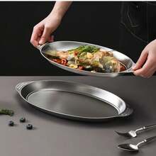 Plato para pescado de acero inoxidable 304: Plato de barbacoa creativo, adecuado para hornear, cocinar al vapor pescado y aperitivos - Forma ovalada, material de acero inoxidable duradero - Multicolor - Ver 3