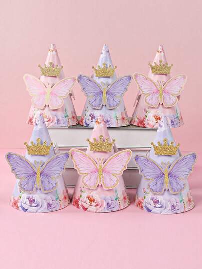 6pcs Pink Purple Butterfly Theme Party Paper Hats,DIY Butterfly Party Hat With Butterfly Decorative Stickers,Butterfly Theme Party Photo Prop,Babe Shower Party Accessories,Photobooth Props,Butterfly Birthday Party Decor,Birthday Party Supplies,Birthday Gift,Birthday Hats