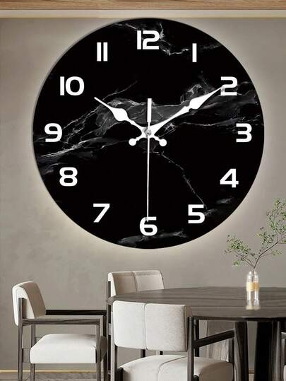 1pc Modern Black Marble Texture Silent Wooden Wall Clock - Japanese Quartz Movement, Round Analog Display, Dreamlike Theme - Battery Powered, Home Decor