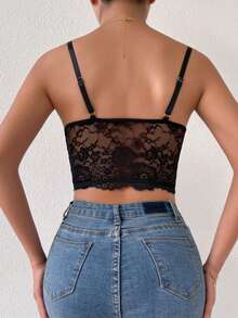 Vexica Women's Casual Black Lace Camisole, Sheer Knit Fabric, Thin Spaghetti Straps - Black - View 8