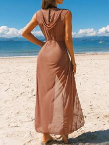 Khaki Hooded Lightweight Sheer Cover Up, Women's Long Solid Color Ruched Drawstring Waist Sleeveless Vacation Sun Protection - Coral Orange - View 2