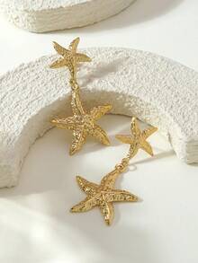 VceTd 4 Pairs Stainless Steel Ocean Element Starfish Shaped Stud Earrings, Starfish & Shell Earrings, Suitable For Women's Daily Wear Or Vacation, Great Gift For Best Friends On Holidays - Yellow Gold - View 7