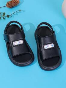 1 Pair Unisex New Style PU Hook And Loop Design Flat Open Toe Sandals, Soft Sole Non-Slip Children Beach Shoes, Suitable For Summer - Black - View 5