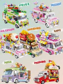 590+ Pcs Building Blocks Ice Cream, Burger, Dessert, Fruit Food Truck Mini Creative Assembly Toy Model Set. This Set Includes 1 Ice Cream Truck, 1 Burger Truck, 1 Dessert Truck, And 1 Fruit Truck.