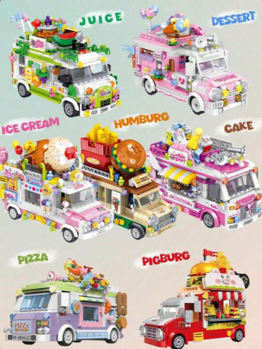 590+ Pcs Building Blocks Ice Cream, Burger, Dessert, Fruit Food Truck Mini Creative Assembly Toy Model Set. This Set Includes 1 Ice Cream Truck, 1 Burger Truck, 1 Dessert Truck, And 1 Fruit Truck.