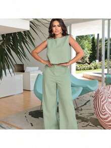 Stylish Women's Linen Pants And Blouse Set - Màu xanh Ô liu - Xem 3