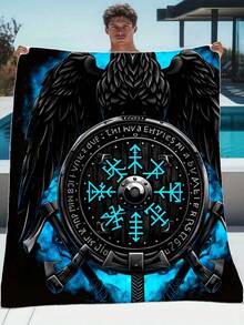 Angel Wings Viking Runes Shield Blanket Black Blue Nordic Symbols And Text Outdoor Beach Camping Decor - 30*40 - 查看 2