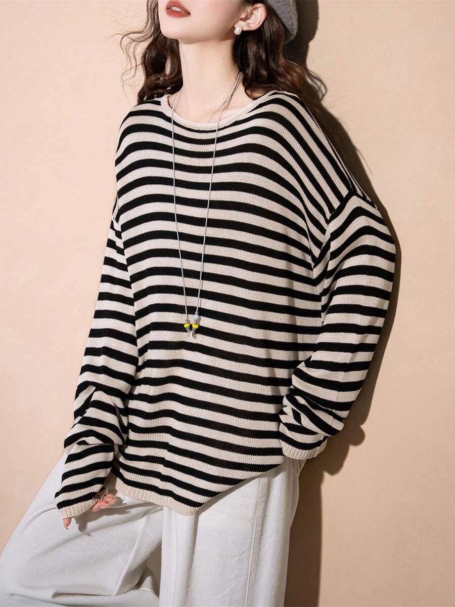 Alicedudu Women's Classic Striped Pullover Sweater, Versatile For Spring - Black - View 1