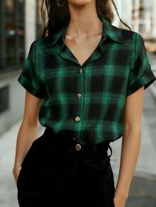 Camisa Xadrez Verde de Manga Curta com Gola para Mulheres - Camisa Xadrez Bicolor Clássica, Adequada para Escritório, Trabalho, Casa e Uso Diário na Primavera, Verão e Férias de Outono - Verde Escuro - Visão 8