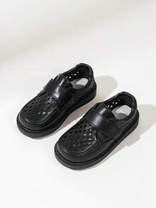 Boys' Soft Bottom Black Leather Dress Shoes, British Style Student Shiny Breathable Hollow Shoes For Spring & Autumn - Black - View 1