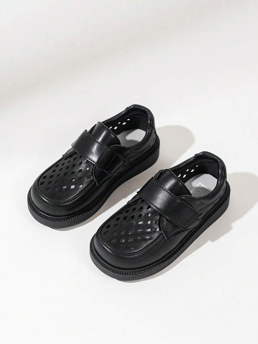 Boys' Soft Bottom Black Leather Dress Shoes, British Style Student Shiny Breathable Hollow Shoes For Spring & Autumn - Black - View 1