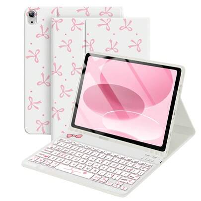 Pink Bow Patterned Flip Pad Case With Keyboard Detachable Wireless Bluetooth Keyboard (150mAh) With Pen Slot (Curved) Keyboard Protective Case Compatible With Samsung Galaxy Tab, Pad SE Spring Gift