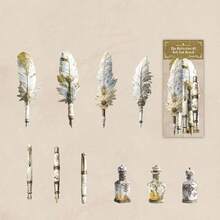 have a good day 10张/包复古羽毛笔主题贴纸，创意美学贴纸，DIY剪贴簿工艺材料，节日礼物，个性化贴纸相册学习用品剪贴簿用品文具 - 彩色 - 查看 15