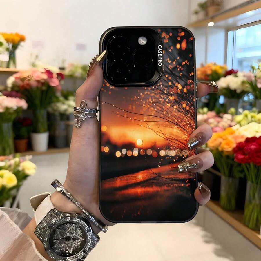 Cubierta de teléfono con diseño de puesta de sol y ramas iluminadas en tonos naranja y negro para mujer elegante uso diario y eventos sociales,Aplicable a los teléfonos de la serie Apple y Galaxy - Blanco - Ver 1