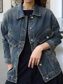 Plus Size Blue Washed Denim Jacket With Long Sleeves And Shirt Collar Casual Button Front Short Bomber Jacket Plus Size Plus Size Blue Washed Denim Jacket With Long Sleeves And Shirt Collar