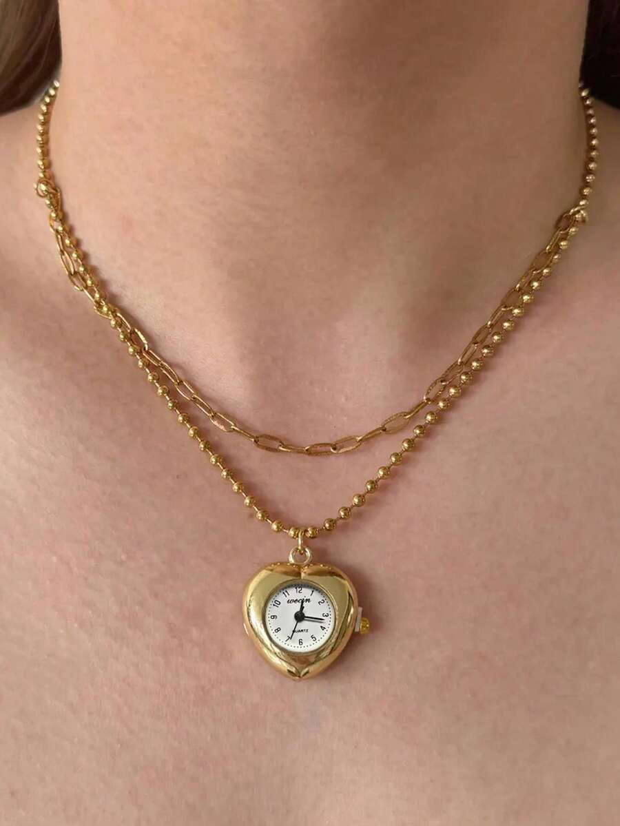 1pc Vintage Style Gold Watch Necklace, Handmade Clock Jewelry, Punk Necklace With Heart Pendant, Suitable For Women's Daily, Vacation, Party Wear, Gift For Loved Ones - Gold - View 1