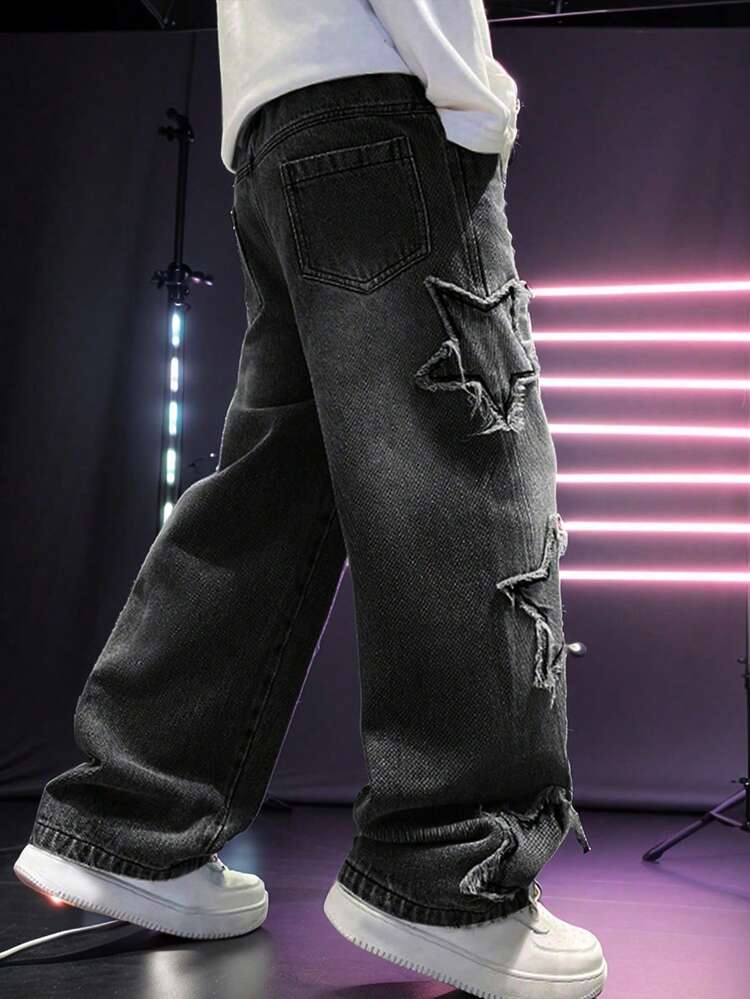 Quần jeans denim dáng suông, cạp chun rộng, họa tiết ngôi sao, gấu quần tua rua, thích hợp cho bé trai tuổi teen, phù hợp mặc ngoài trời vào mùa xuân, hè và thu. - màu đen - Xem 5