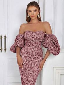 Minimalist Sexy Off-Shoulder Puff Sleeve Back Slit Fitted Bodycon Dress For Women - Dusty Pink - View 5