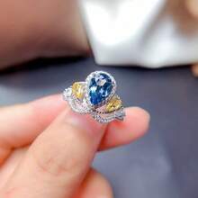 Colored Stone Open-Ended Ring, Imitation Natural Blue Topaz Two-Tone Crown Women's Silver Ring - Màu xanh biển - Xem 2